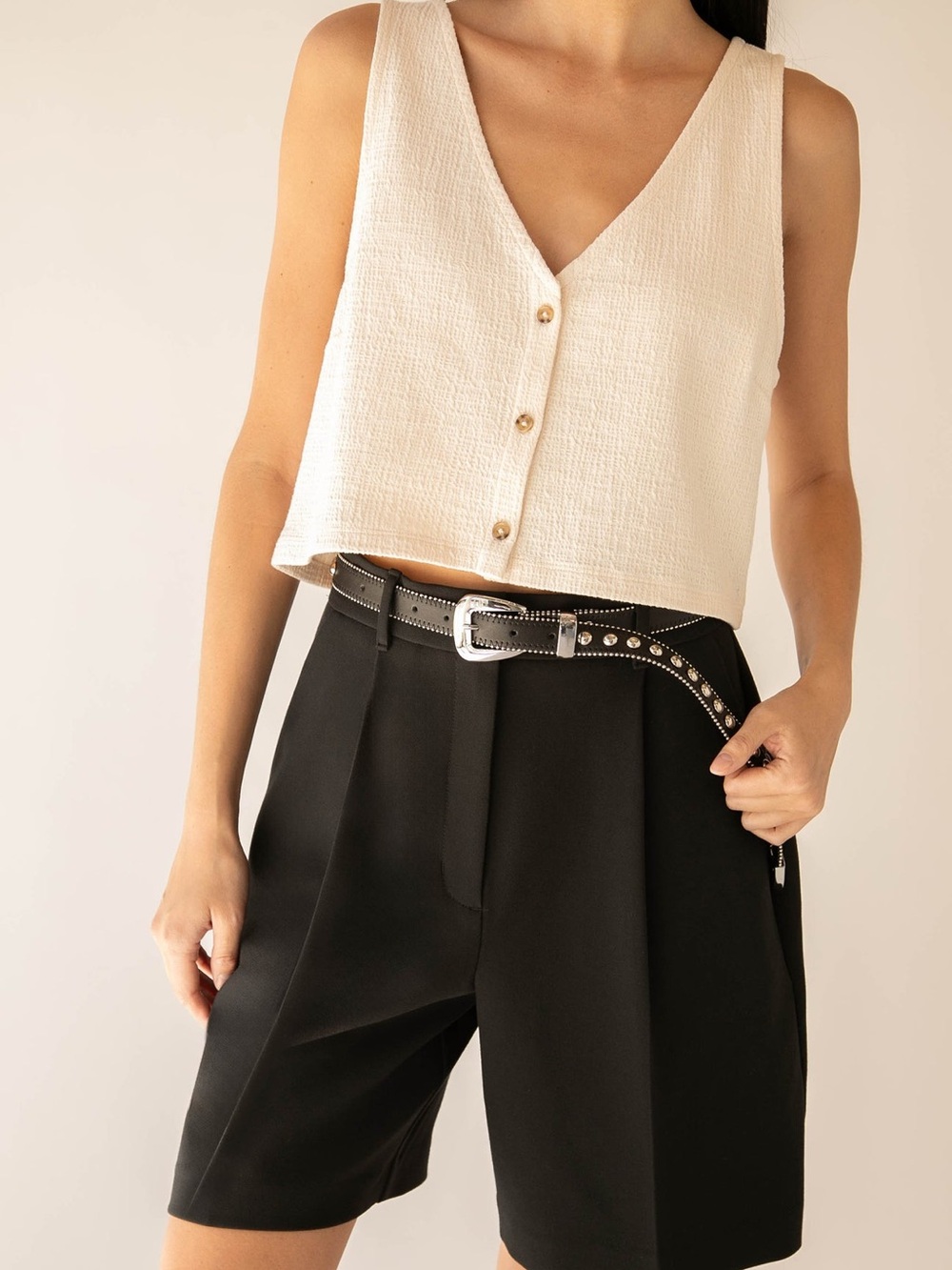 Textured Button Front Crop Tank Top Cream V Neck Sleeveless Size XSmall